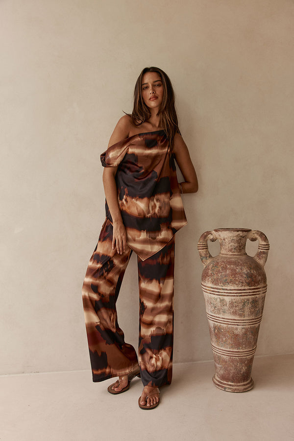 Brown Mirage Bloom Print Satin Saela Top