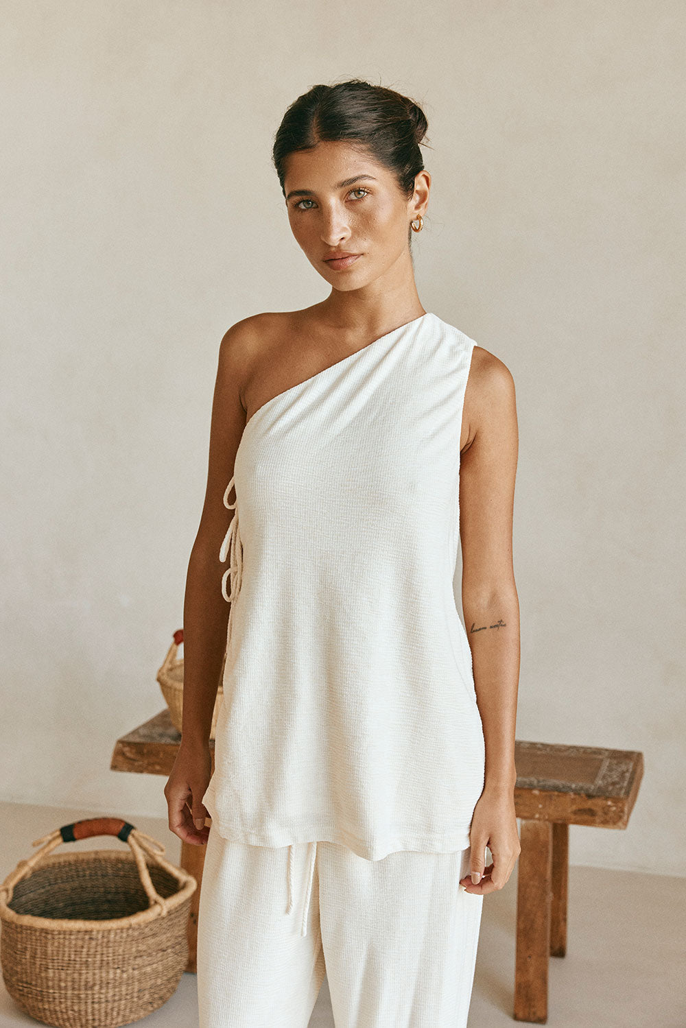 Cream One Shoulder Side Tie Zen Top