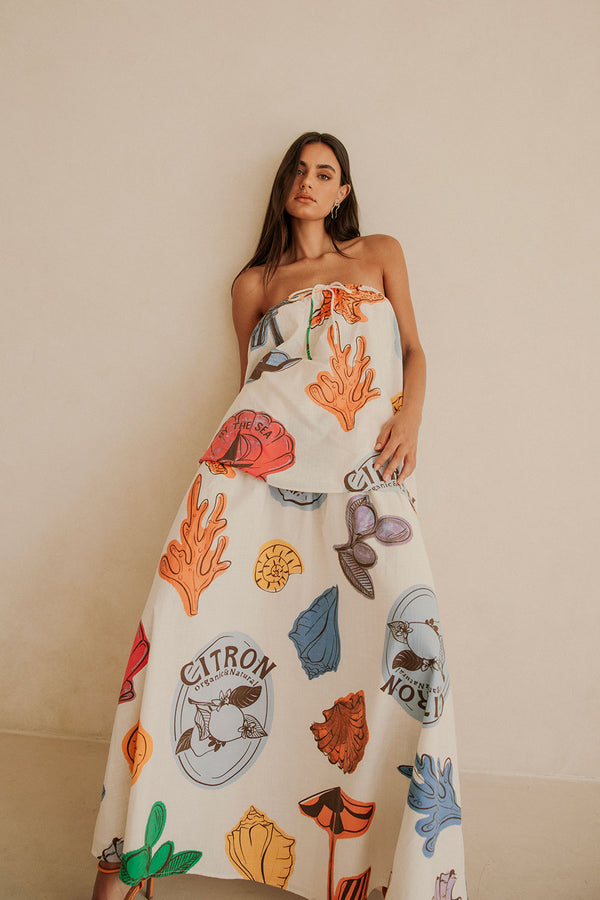 White Shell By The Sea Print Strapless Maxi Toria Dress