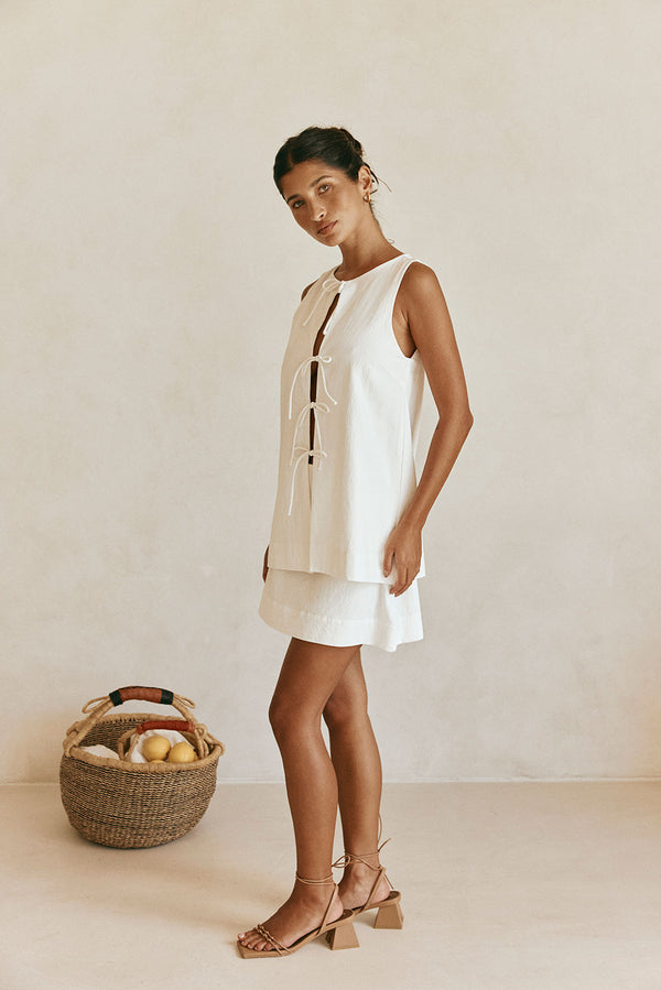 White Front Tie Overlay Mini Liliana Dress