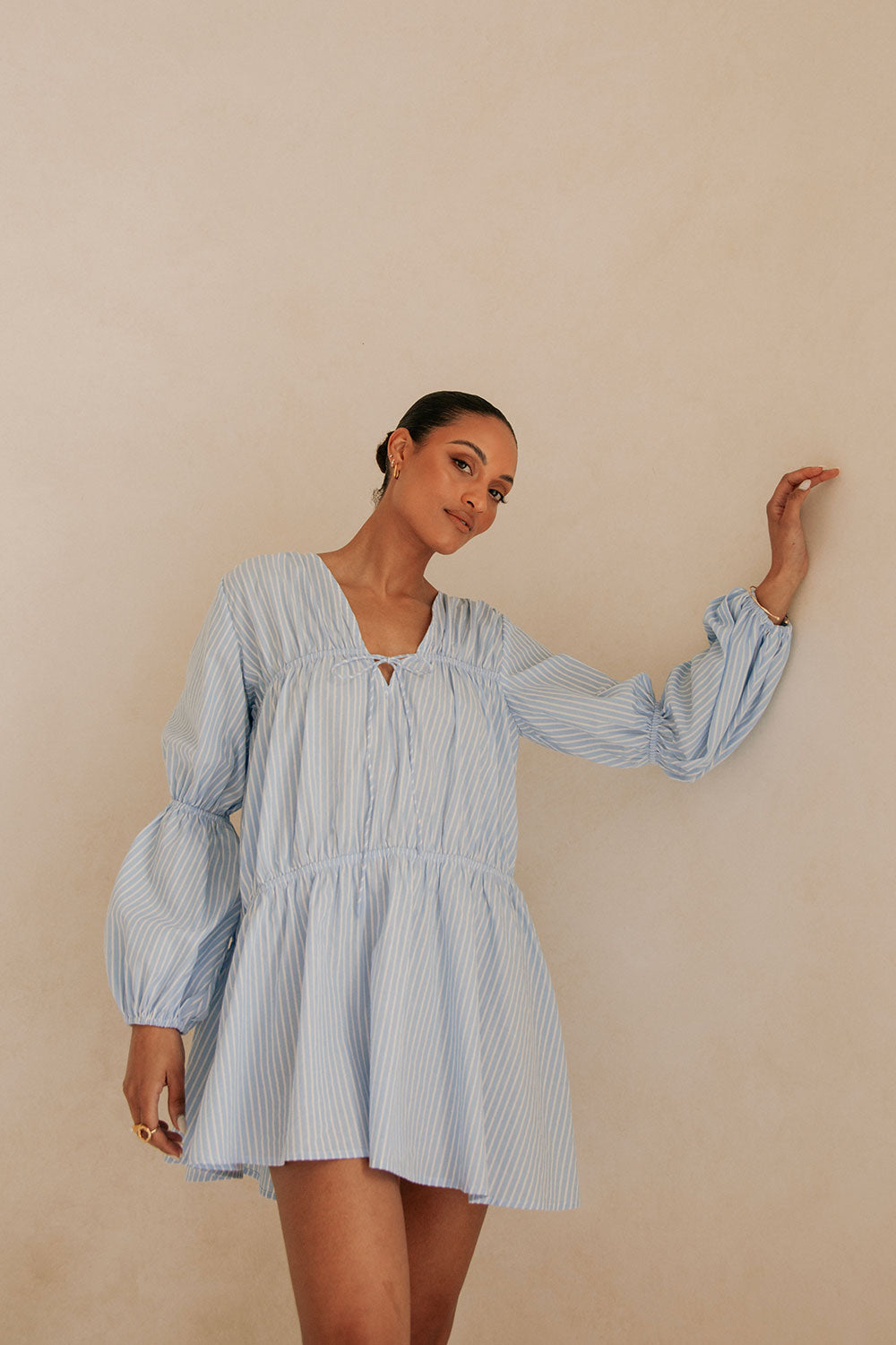 Naloo Long Sleeve Tie Mini Dress - Blue, White Stripe