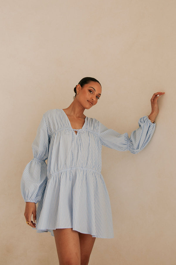 Naloo Long Sleeve Tie Mini Dress - Blue, White Stripe
