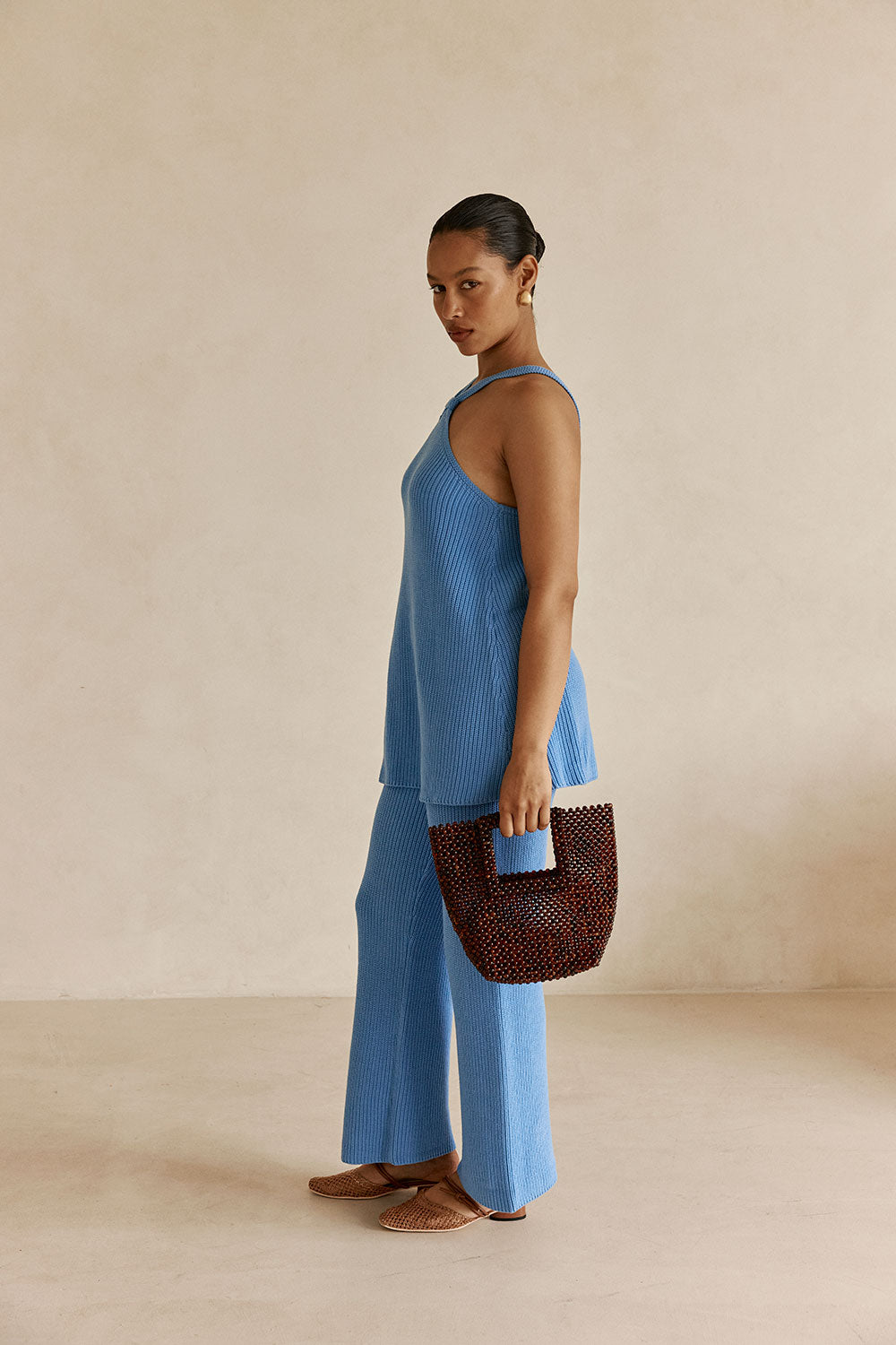 Blue Ribbed Knit Halter May Top