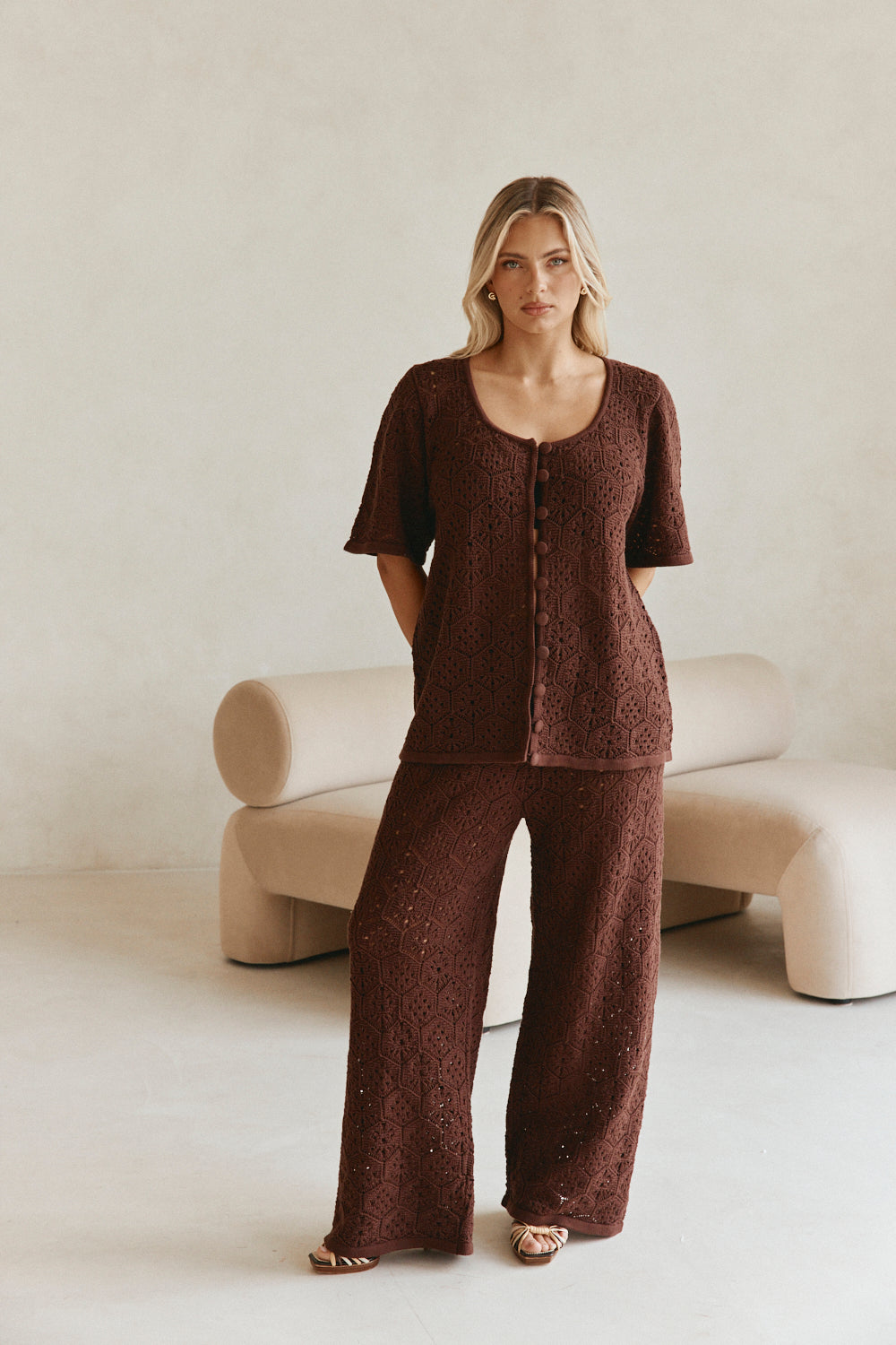 Brown Crochet Knit High Waist Umiko Pants