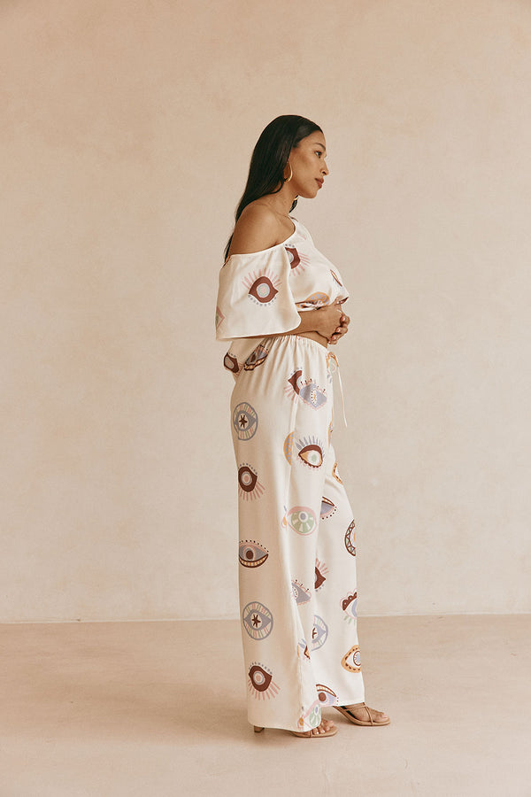 Cream Matia Print Elastic Drawstring Grace Pants