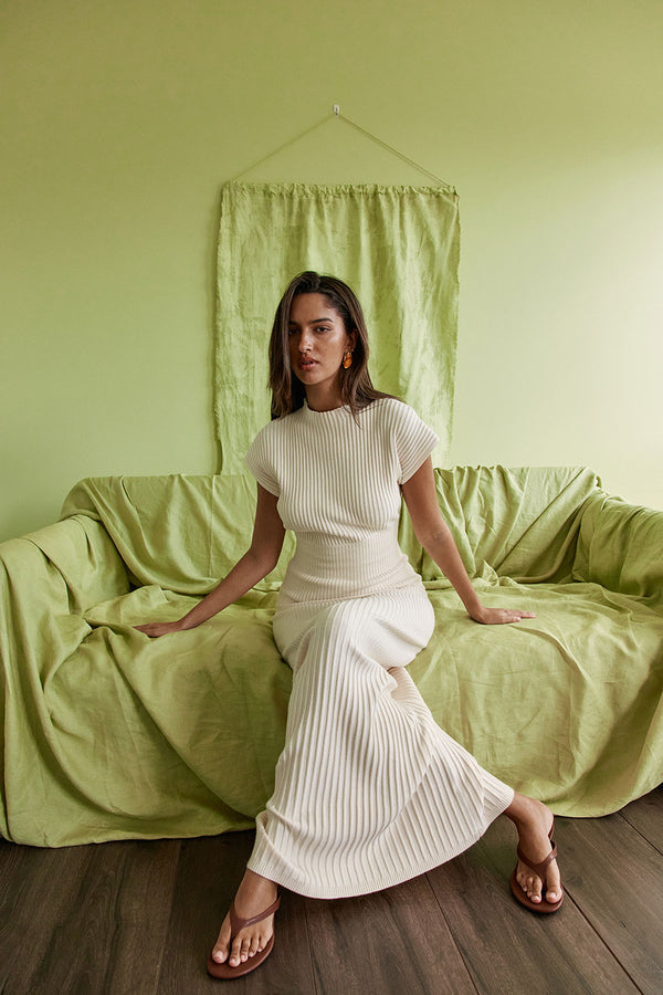 Cream Ribbed Knit Maxi Sorrento Dress