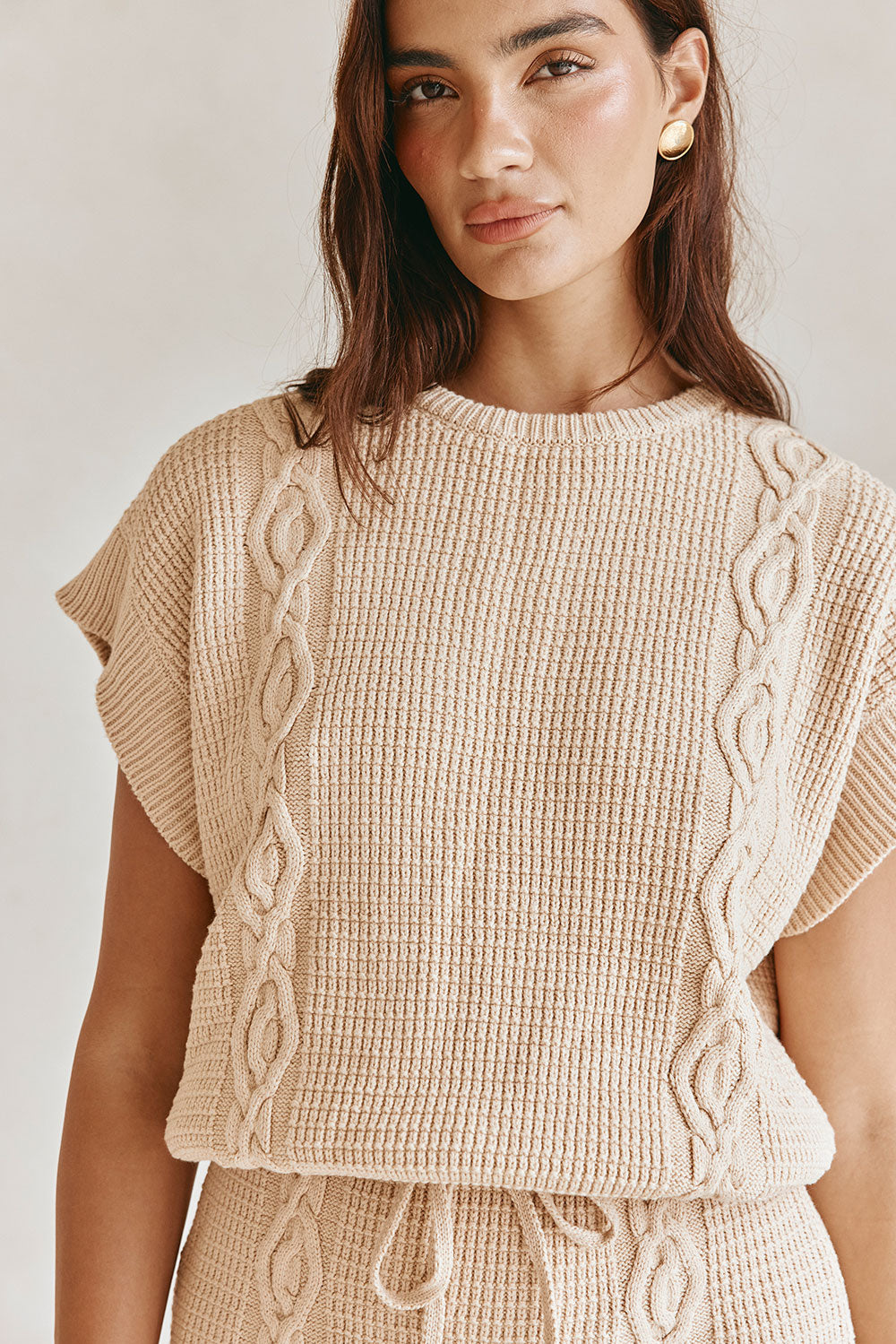 Tan Knit Short Sleeve Mini Saphira Dress