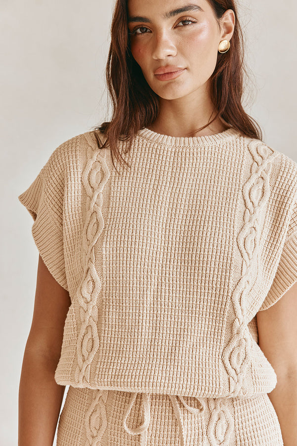 Tan Knit Short Sleeve Mini Saphira Dress