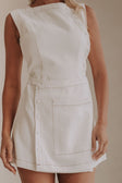 Alexi Button Mini Dress - White, Brown trim