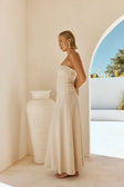 Beige Woven Strapless Pleated A Line Maxi Karalina Dress
