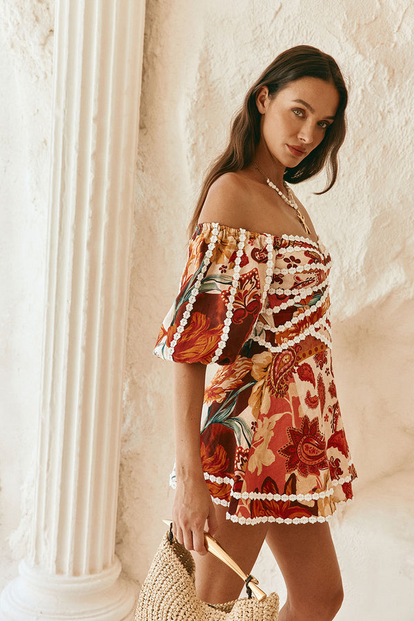 Red Floral Barocca Print Off Shoulder Mini Issa Dress
