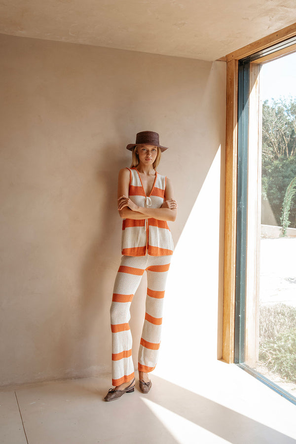 Nantes Knitted Stripe Tie Top - Cream, Orange