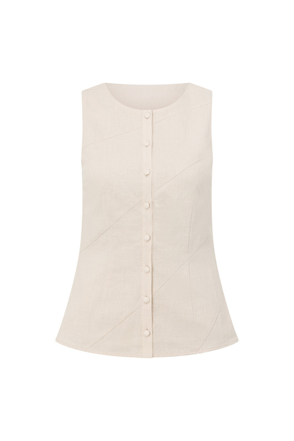 Beige Cotton Round Neck Button Up Panel Adri Top