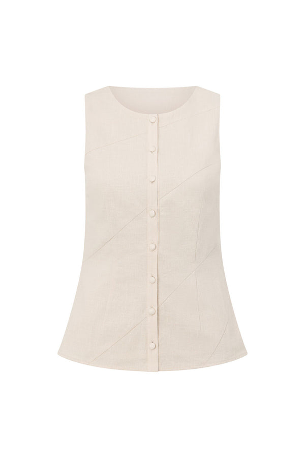 Beige Cotton Round Neck Button Up Panel Adri Top