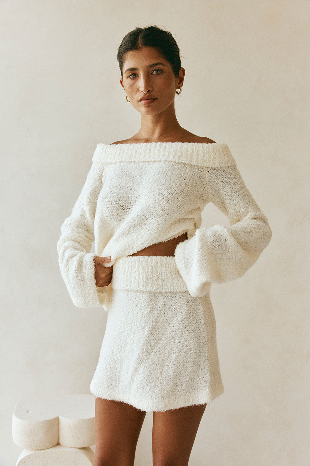 Cream Knit High Waist Folded Mini Alena Skirt