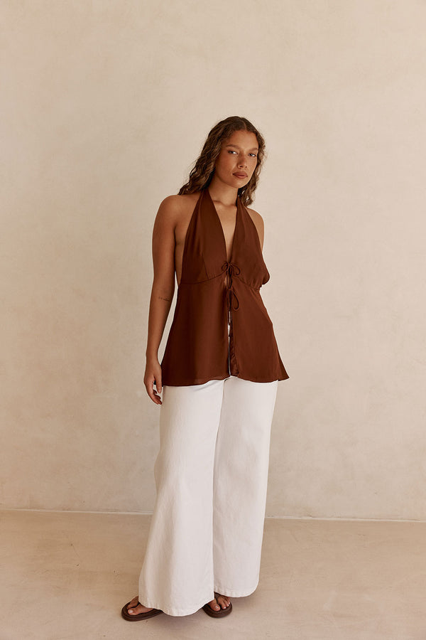 Chocolate Brown V Neck Halter Liora Top