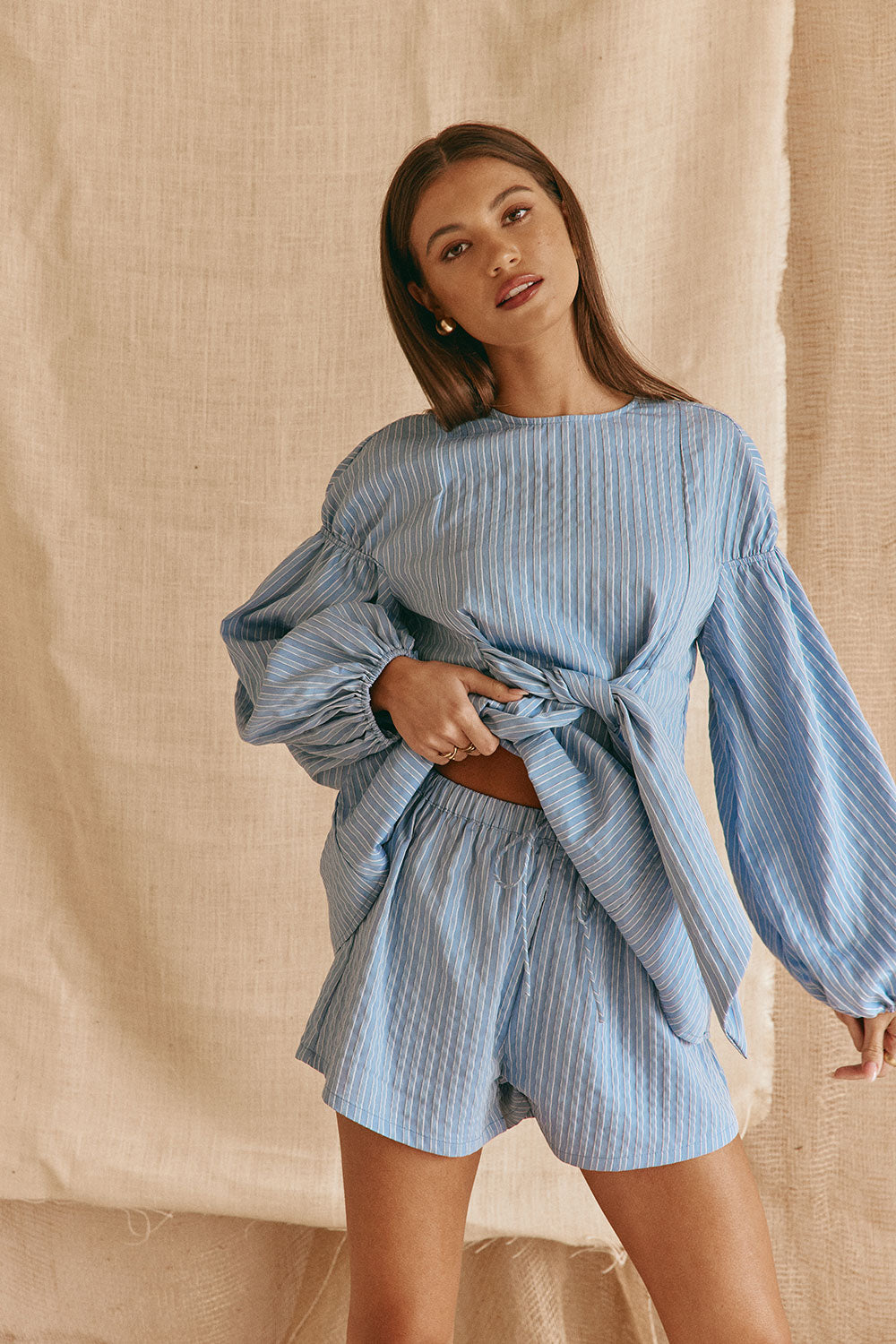 Blue Stripe Elastic Drawstring Hailey Shorts