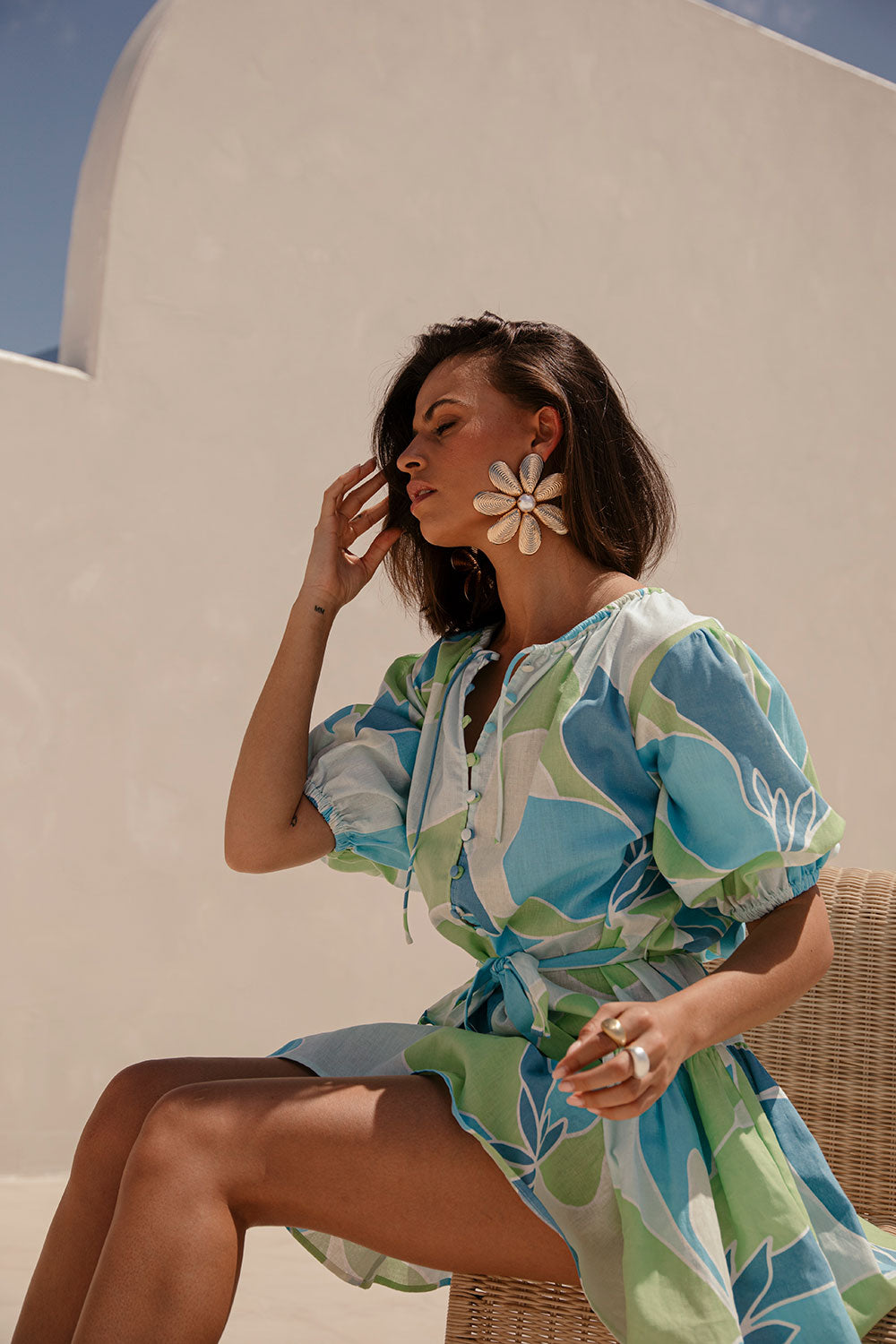 Tenaya Puff Sleeve Button Up Mini Dress - Magnolia Print, Blue, Green, White