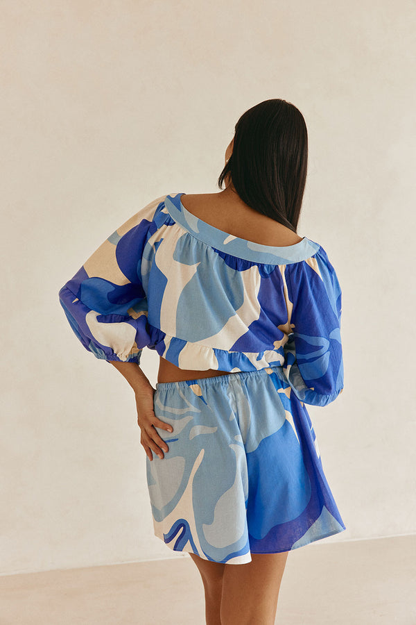 Vally Blue Print Elastic Drawstring Elara Shorts