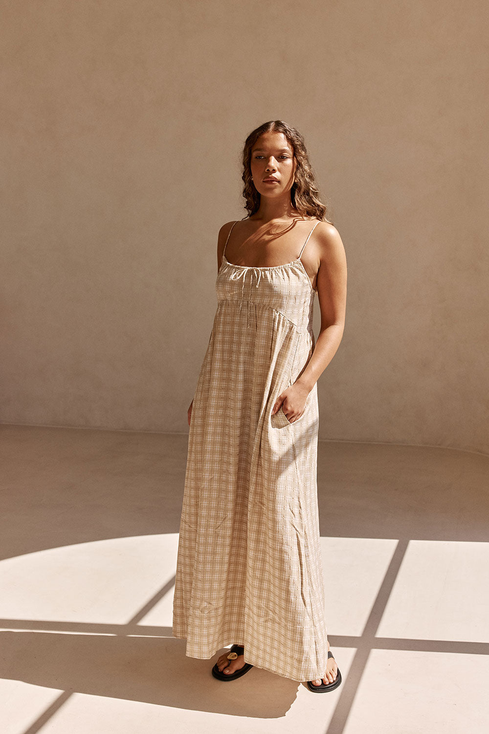 Khaki Gingham Strappy Maxi Lissa Dress