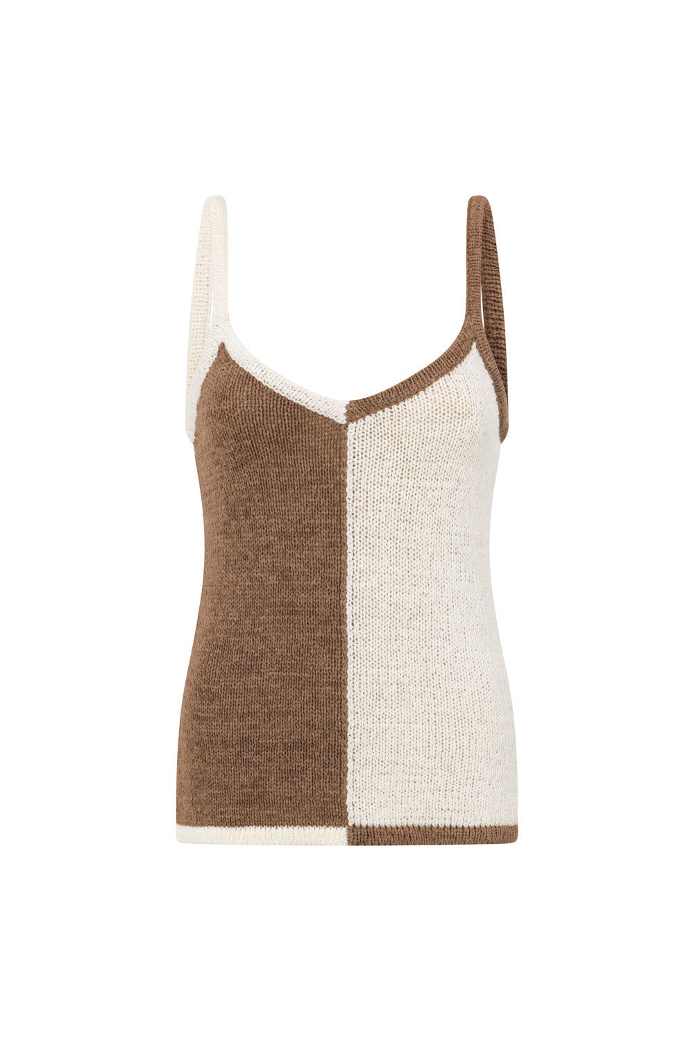 Mira Two Toned V Neckline Knit Top - Brown, White