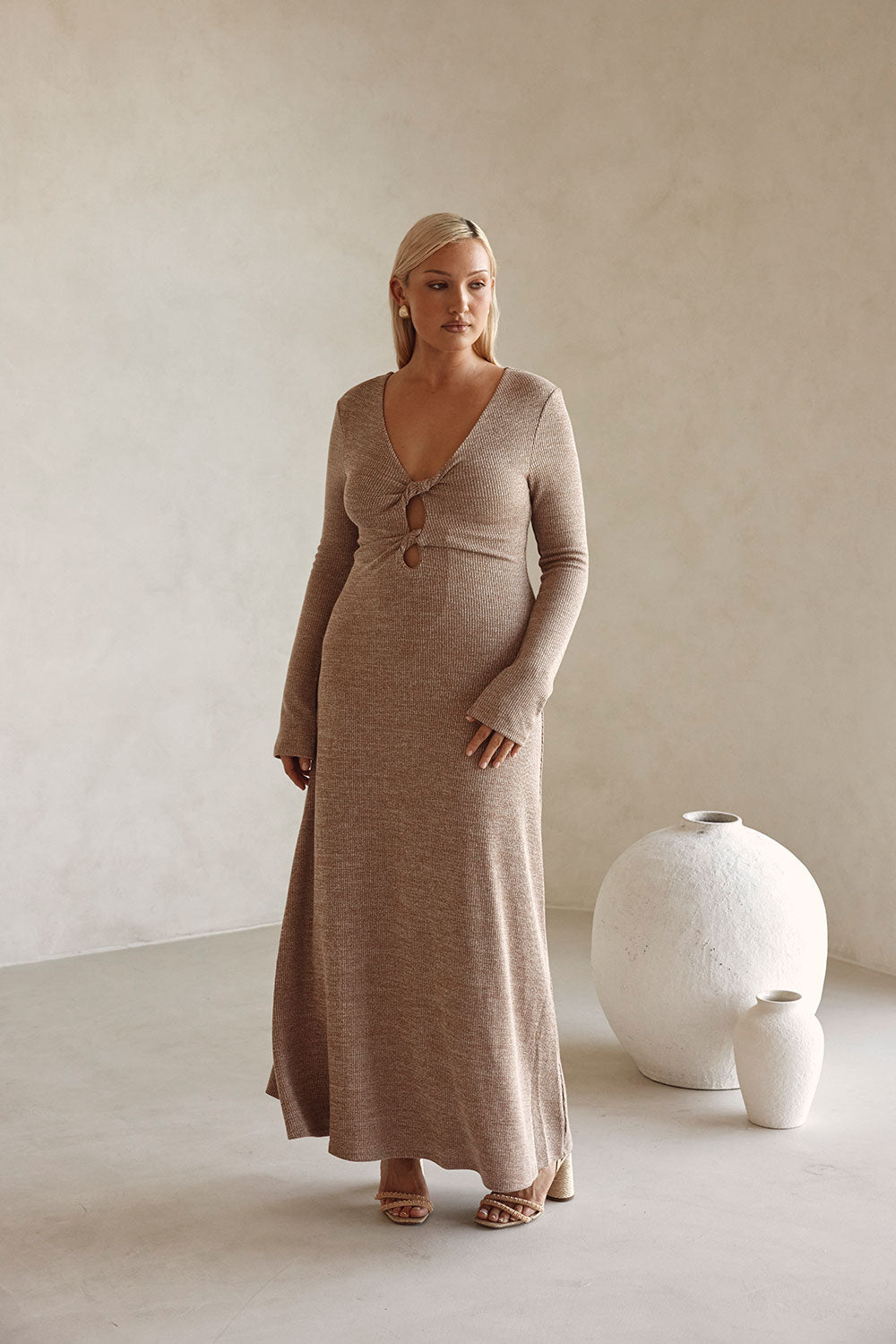 Tan Long Sleeve Cut Out V Neck Maxi Belora Dress