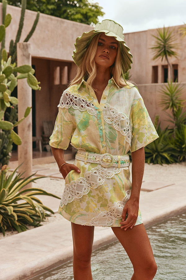 Green Fiore Festivo Print Button Up Aquila Shirt