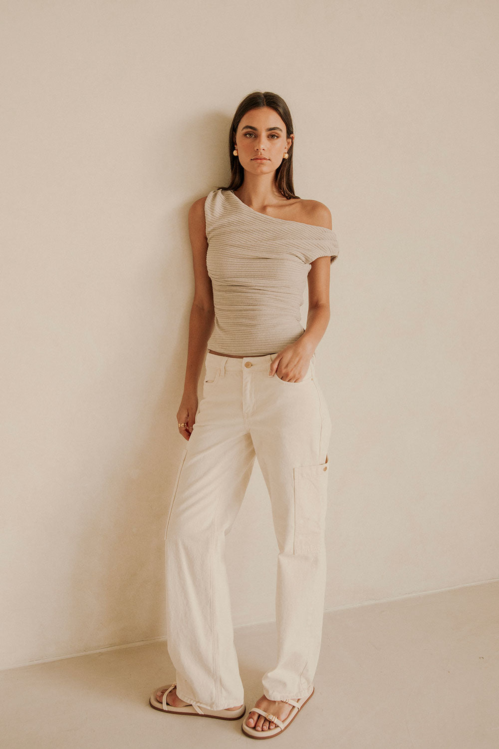 Grey Ribbed Asymmetric Ruched Deni Top