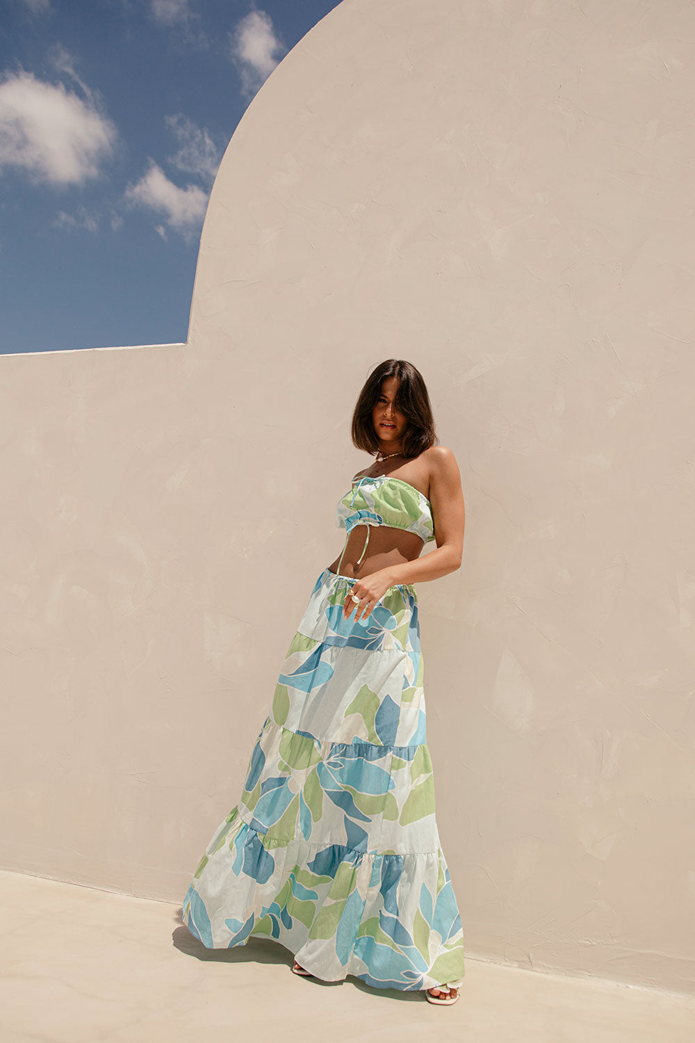 Aviva Elasticated Maxi Skirt - Magnolia Print, Blue, Green, White