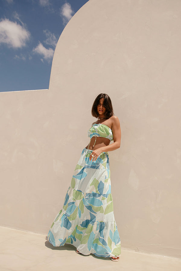 Aviva Elasticated Maxi Skirt - Magnolia Print, Blue, Green, White