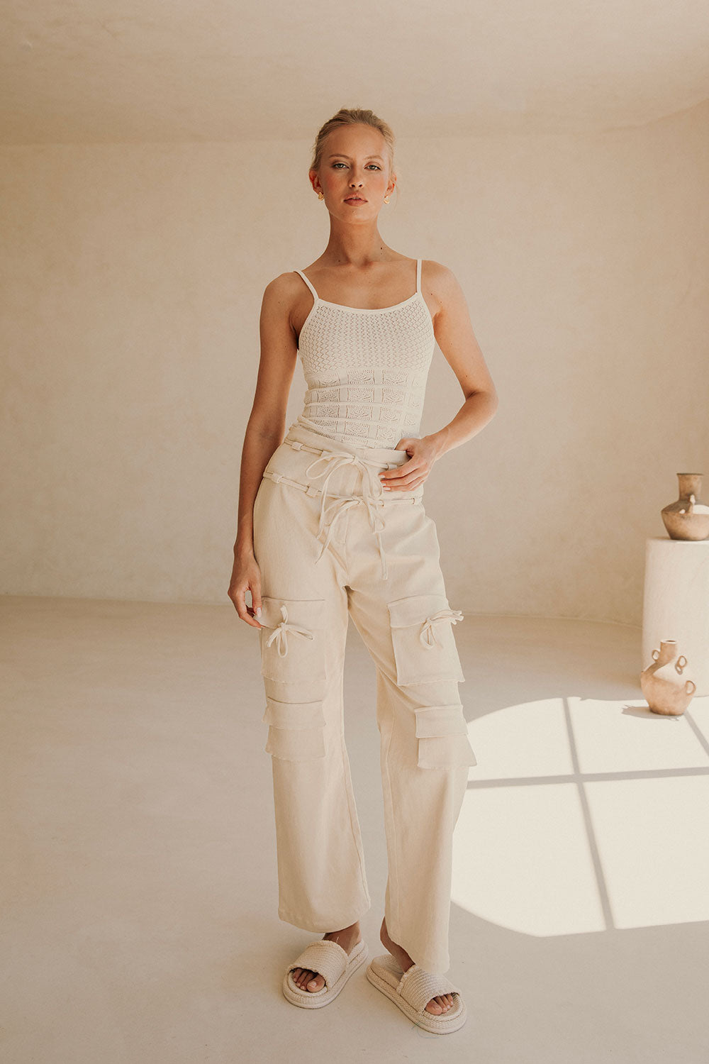 Carolina Knitted Thin Strap Top - Cream