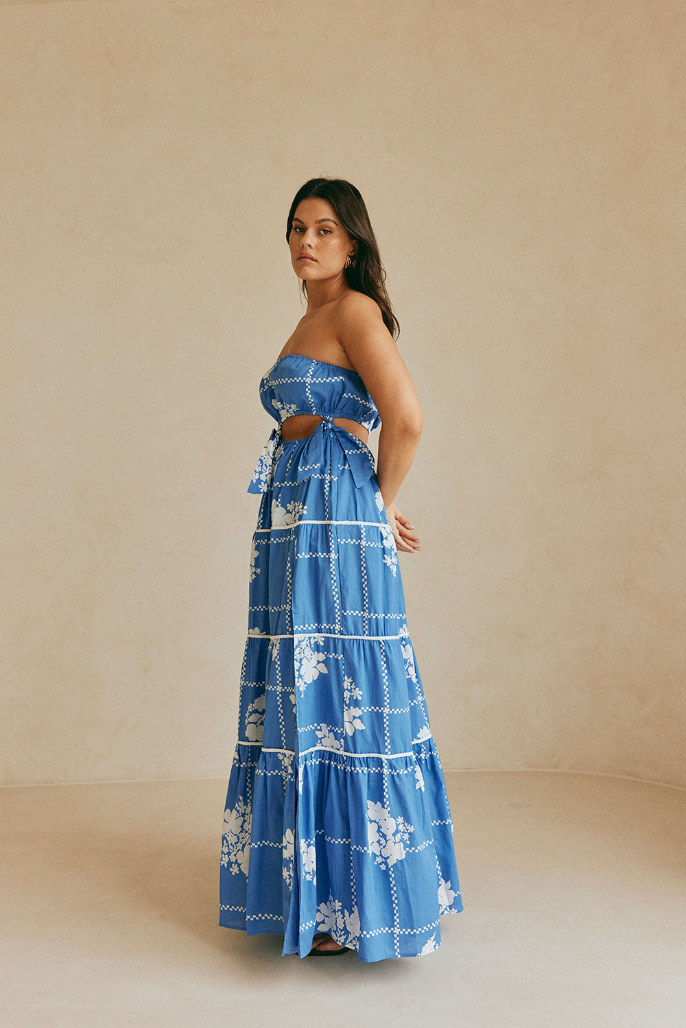 Lili Strapless Cutout Tie Maxi Dress - Postcard, Blue & White Check Flowers SABO Lili Strapless Cutout Tie Maxi Dress - Postcard, Blue & White Check Flowers SABO