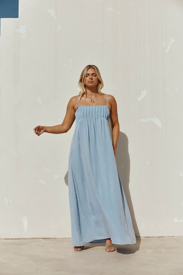 Blue Pin Tuck Pleat Maxi Ada Dress