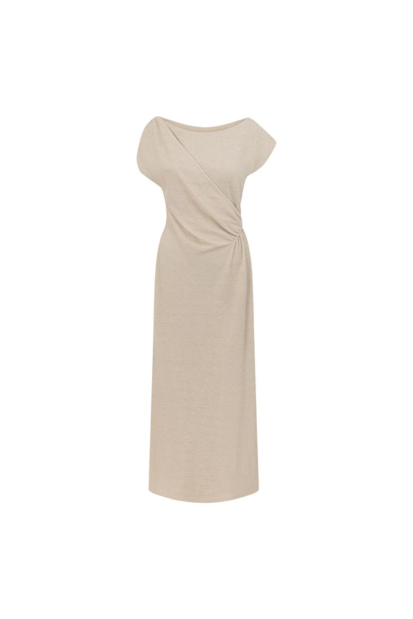 Beige Off Shoulder Ruched Maxi Juno Dress