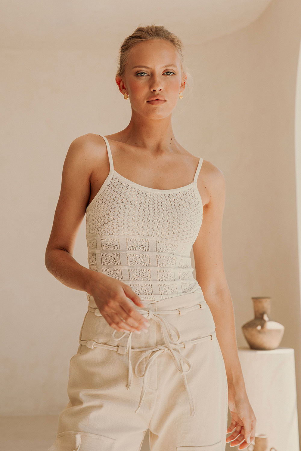 Carolina Knitted Thin Strap Top - Cream