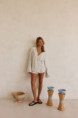Beige and Black Pinstripe Lyla Wrap Top