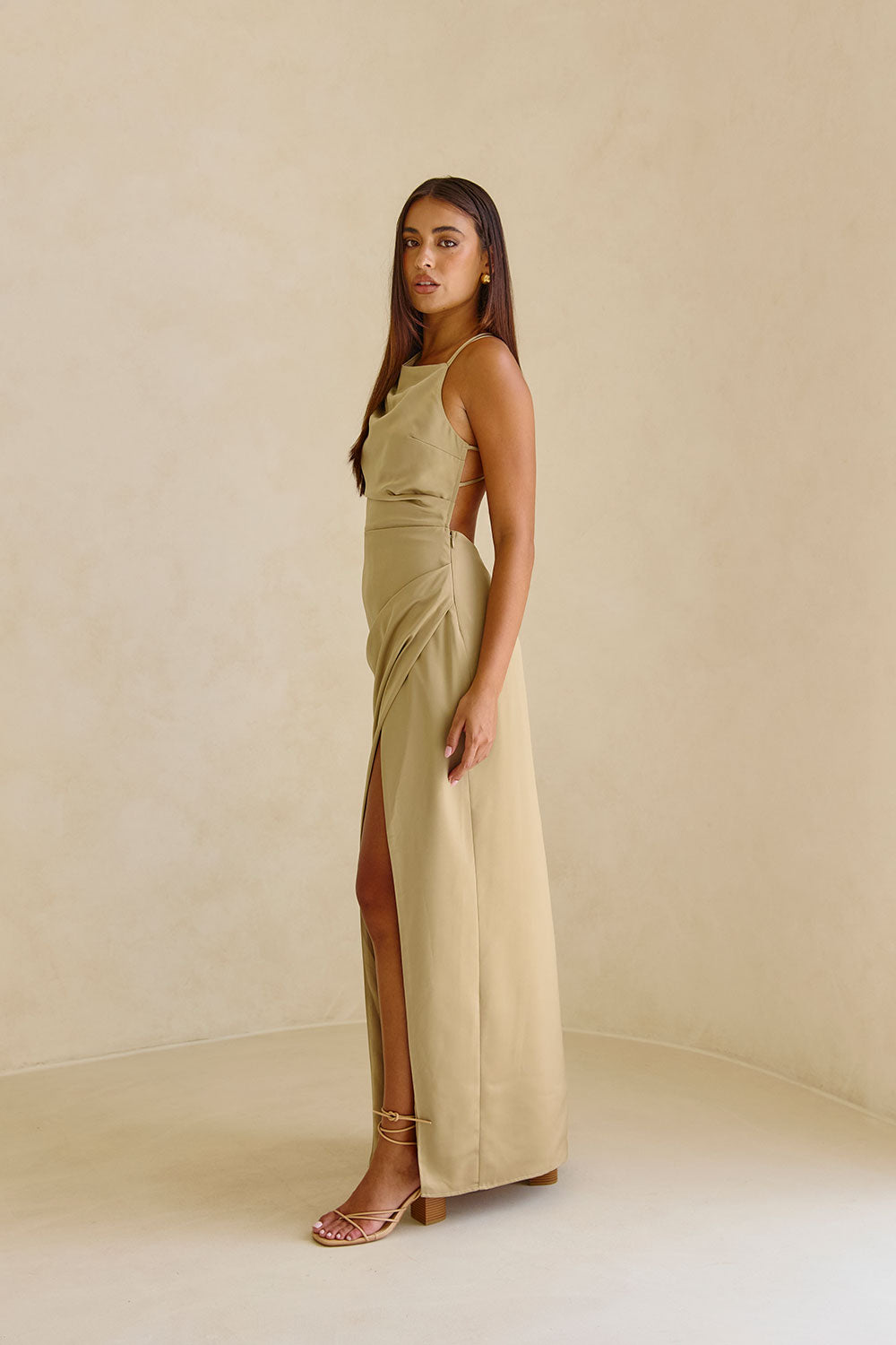 Green One Shoulder Ruched Backless Maxi Rianna Dress