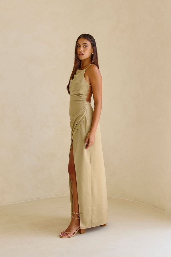 Green One Shoulder Ruched Backless Maxi Rianna Dress