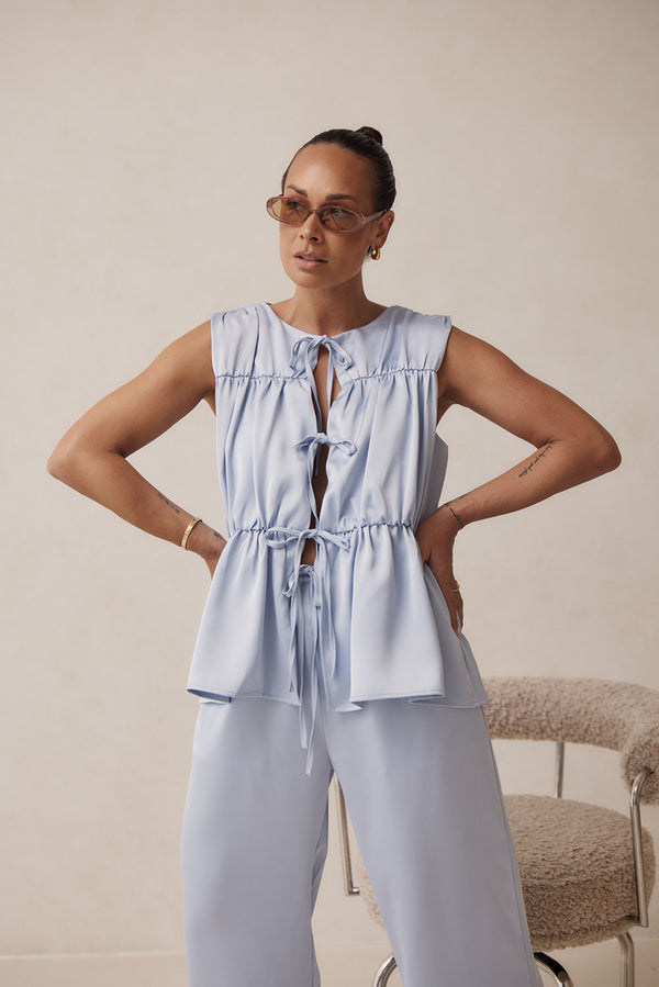 Blue Ruched Panelled Front Tie Juliette Top