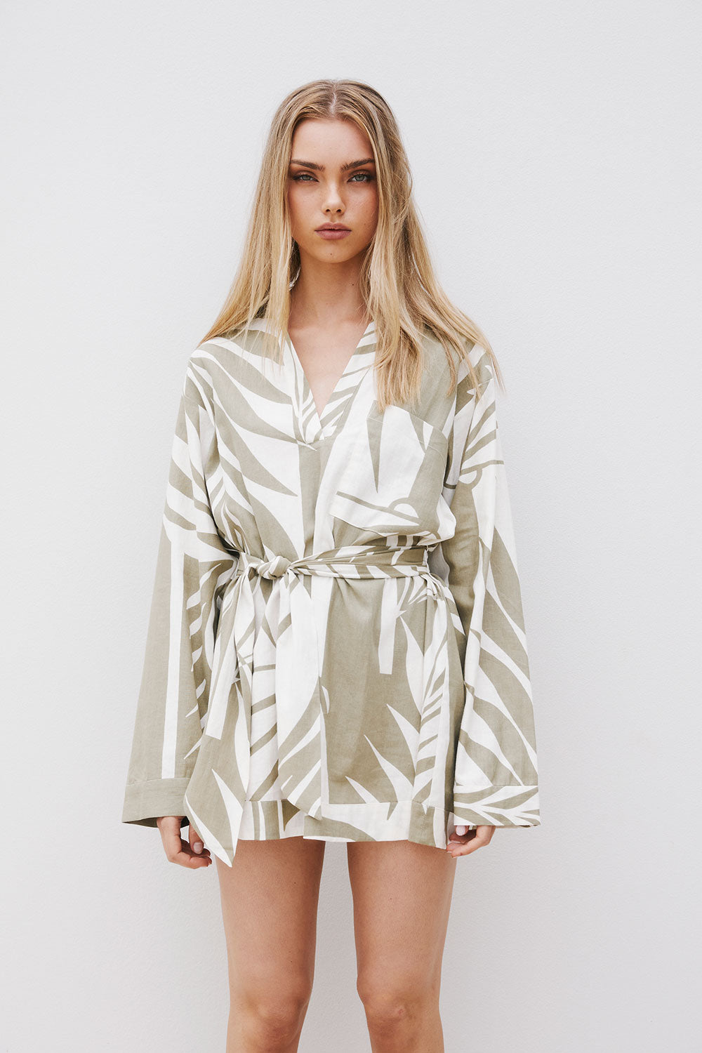 Palm Green Long Sleeve Mini Shirt Adele Dress