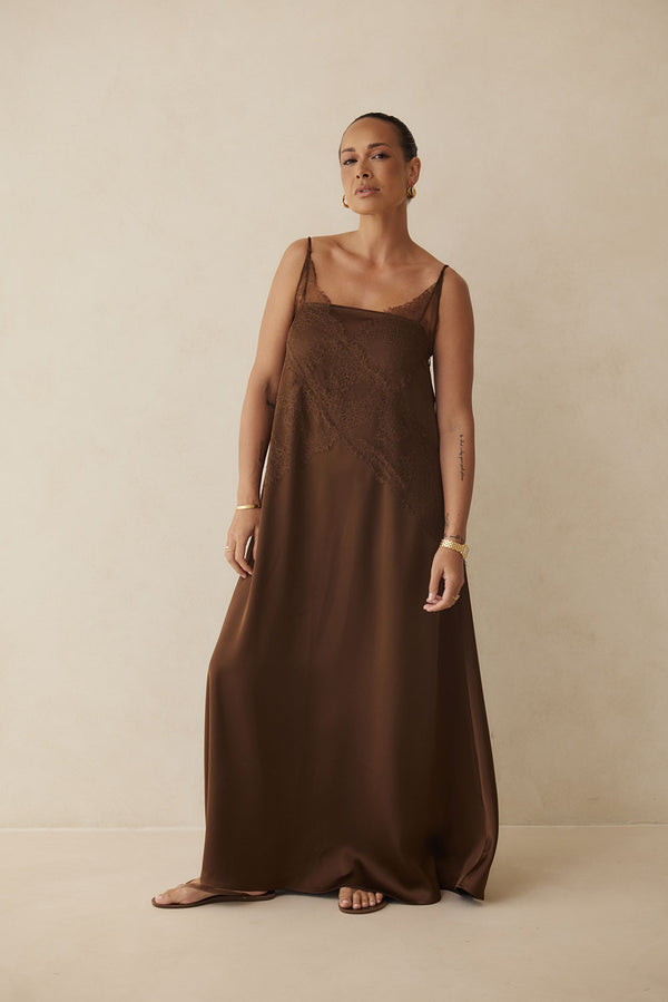 Brown Silky Lace Thin Strap Maxi Aelin Dress