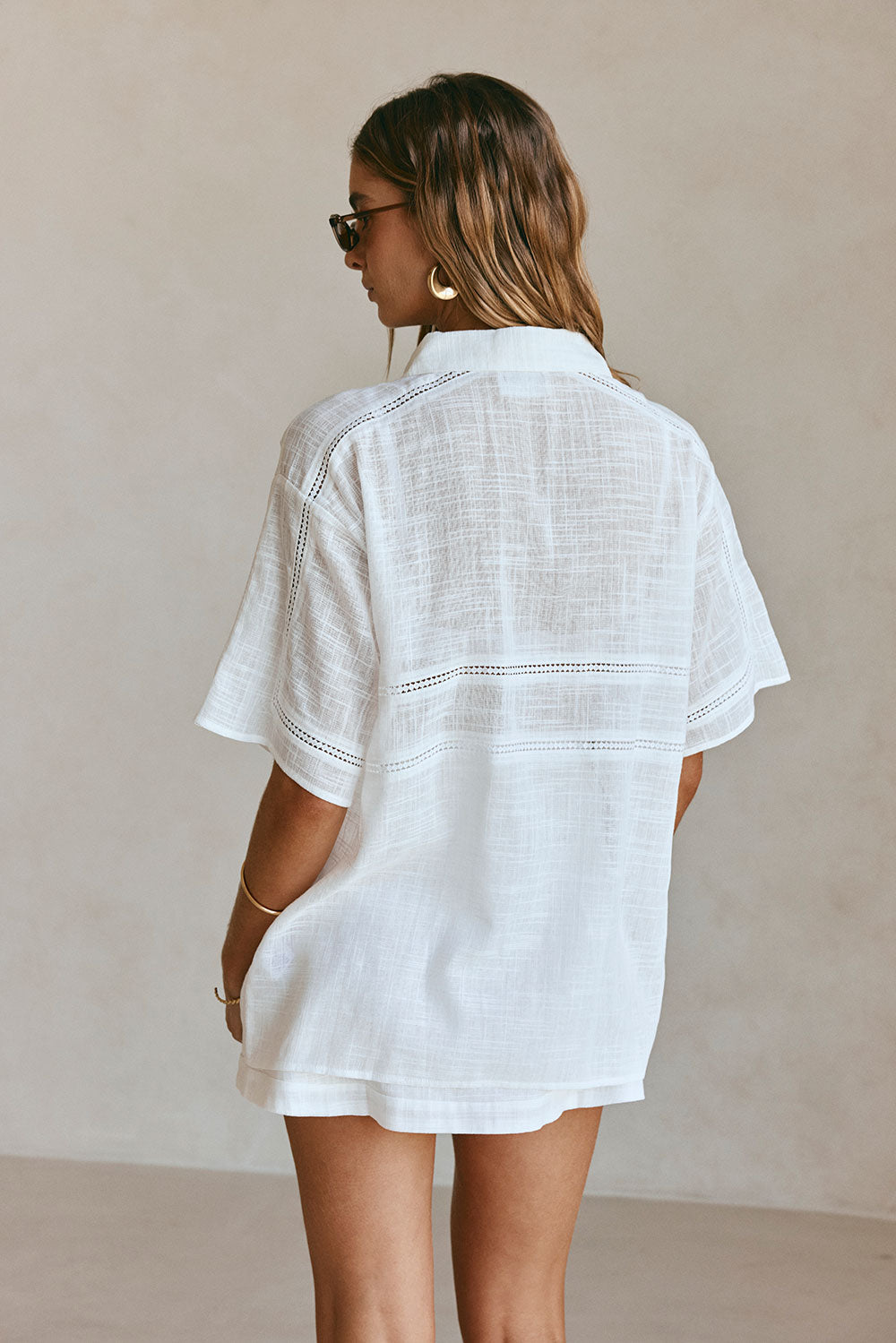 White Cheesecloth Short Sleeve Button Up Banks Top