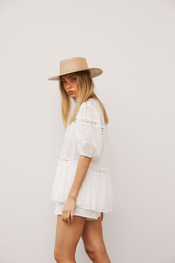 White Lace Button-Up Short Sleeve Lacey Top