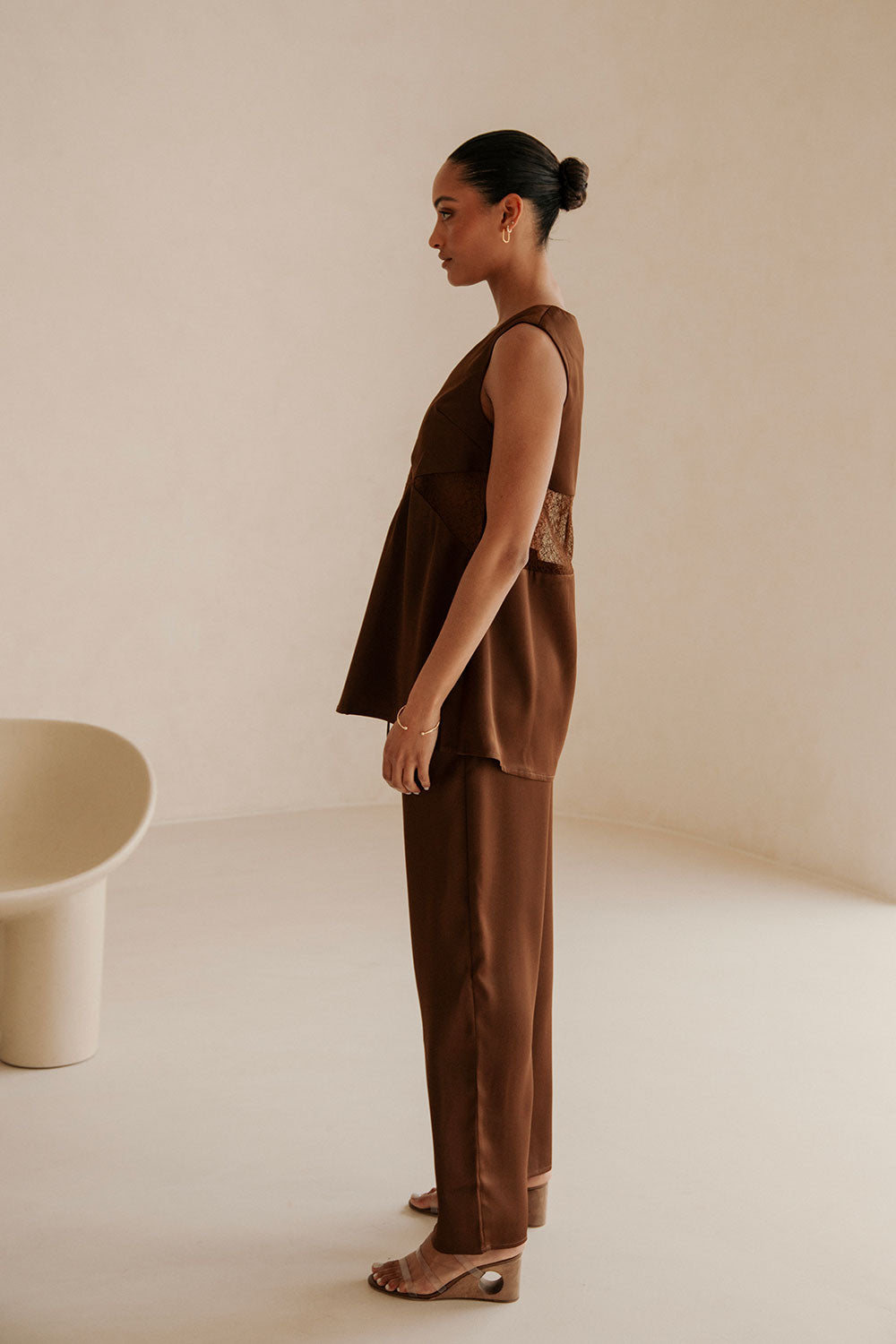 Brown Silky V Neck Lace Panel Zuri Top