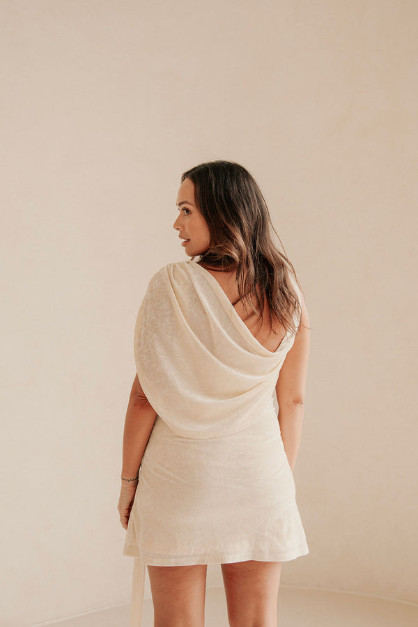 Beige Suede Plunge V Neck Tie Mini June Dress