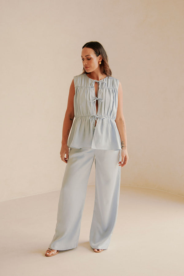 Blue Ruched Panelled Front Tie Juliette Top