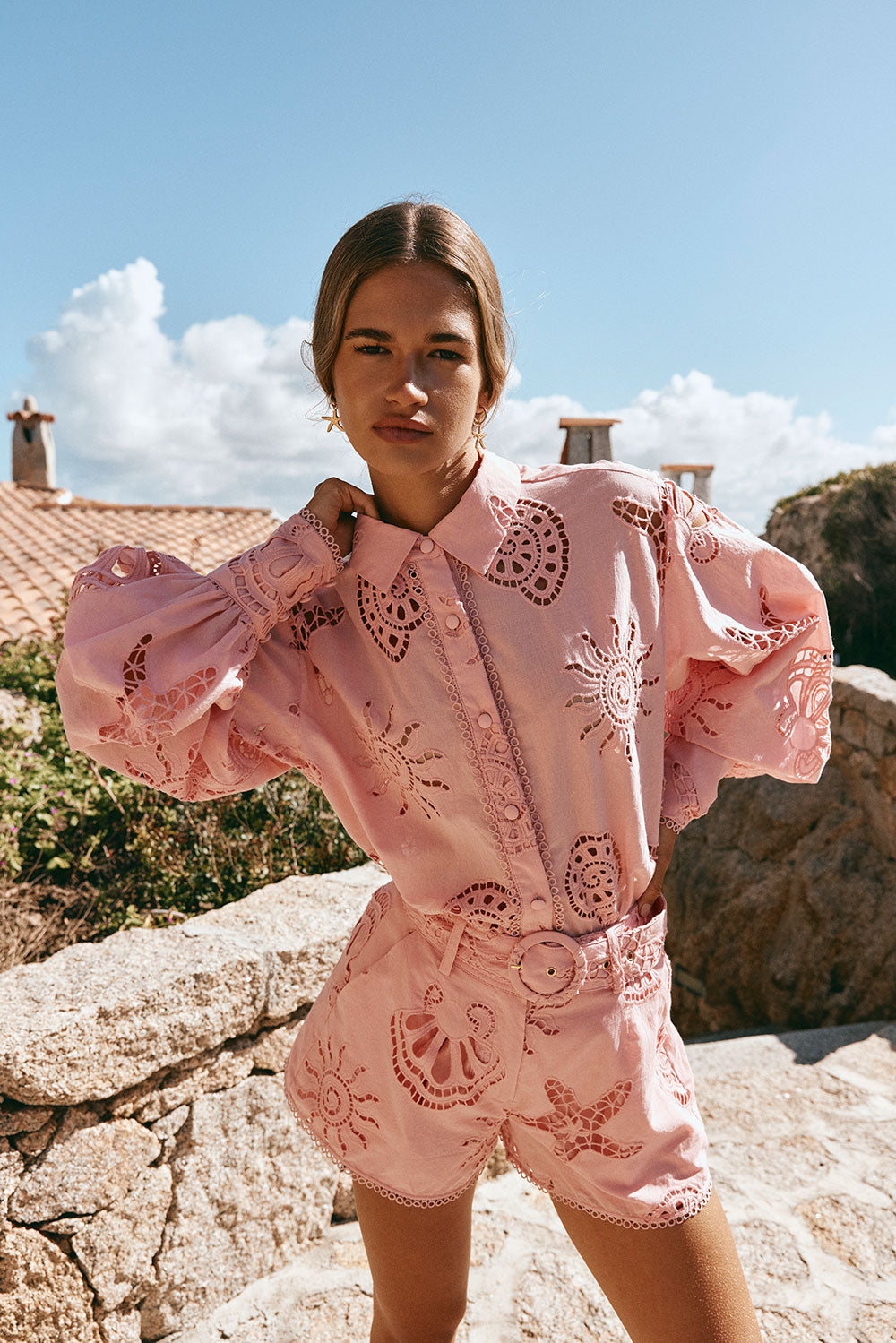 Pink Embroidered Long Sleeve Collar Carilo Top