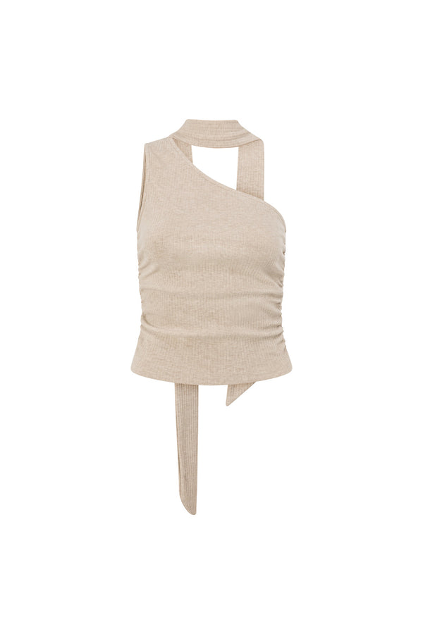 Beige Ribbed Asymmetric Neck Tie Mourno Top