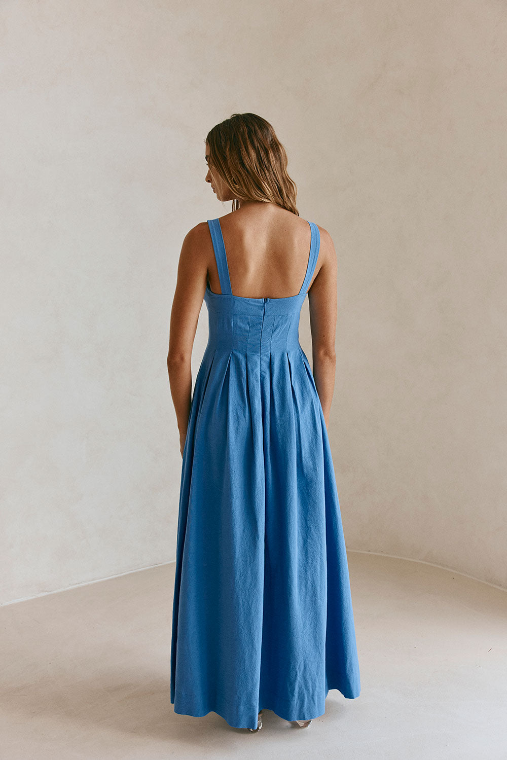 Blue Pleated Full Maxi Flore Dress