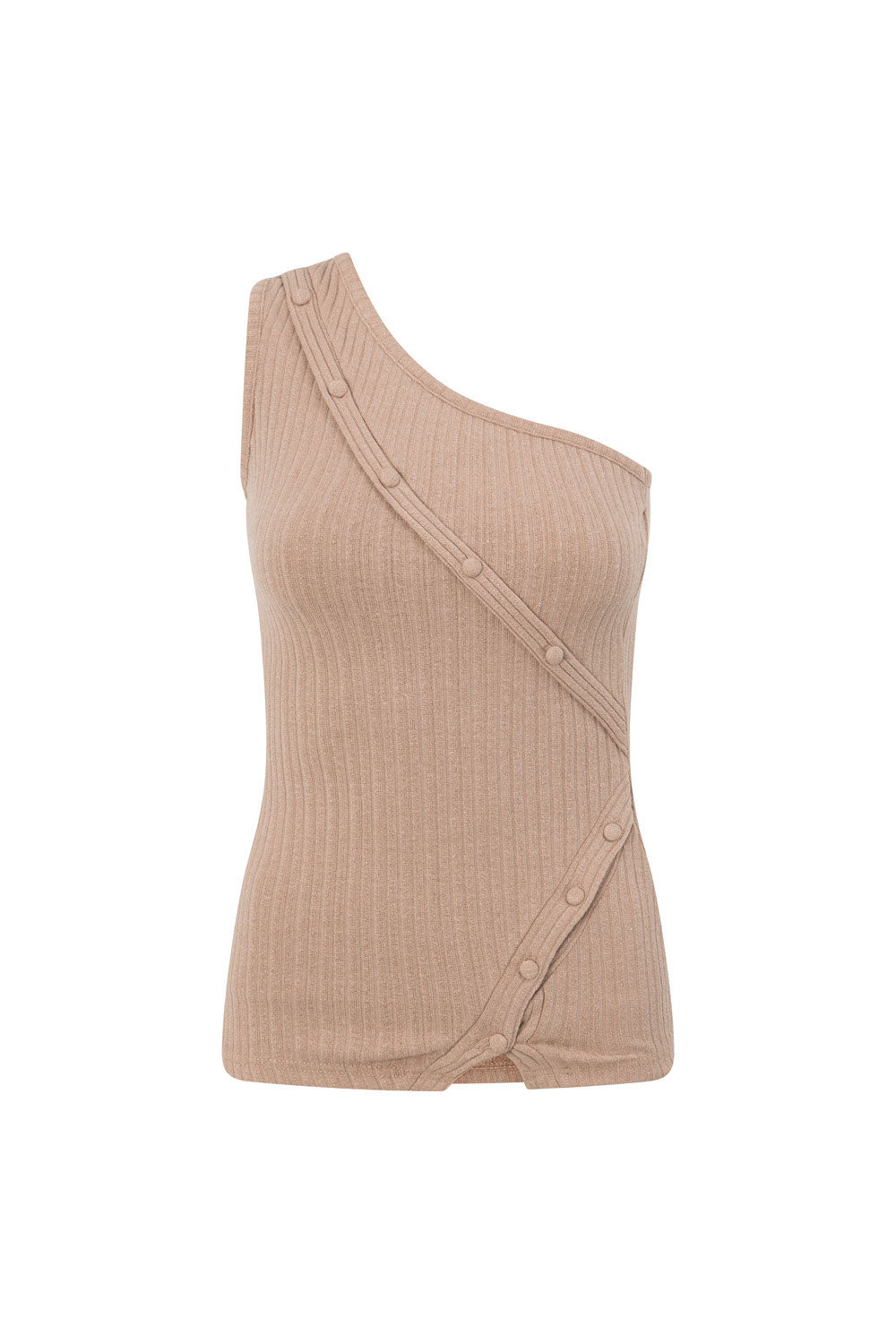 Tan One Shoulder Button Ribbed Ria Top